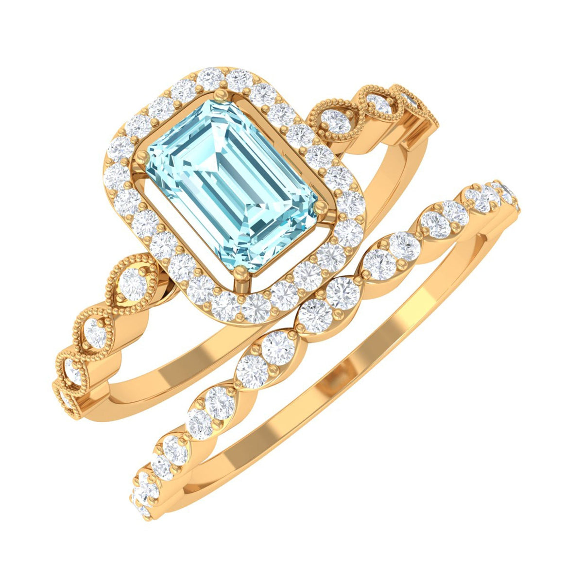 Aquamarine Wedding Ring – Emerald Cut Diamond Halo Bridal Ring Set With Scalloped Design