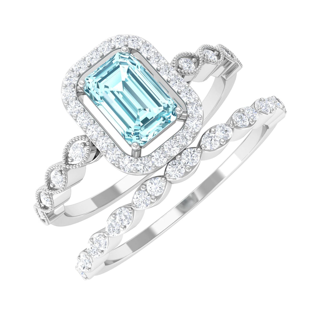 Aquamarine Wedding Ring – Emerald Cut Diamond Halo Bridal Ring Set With Scalloped Design