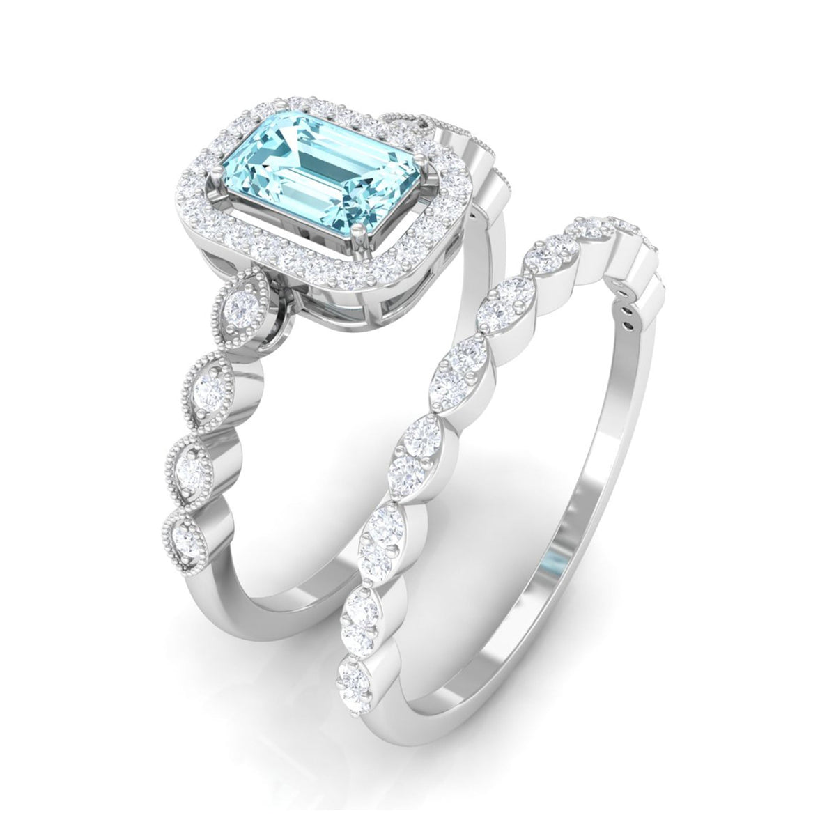Aquamarine Wedding Ring – Emerald Cut Diamond Halo Bridal Ring Set With Scalloped Design