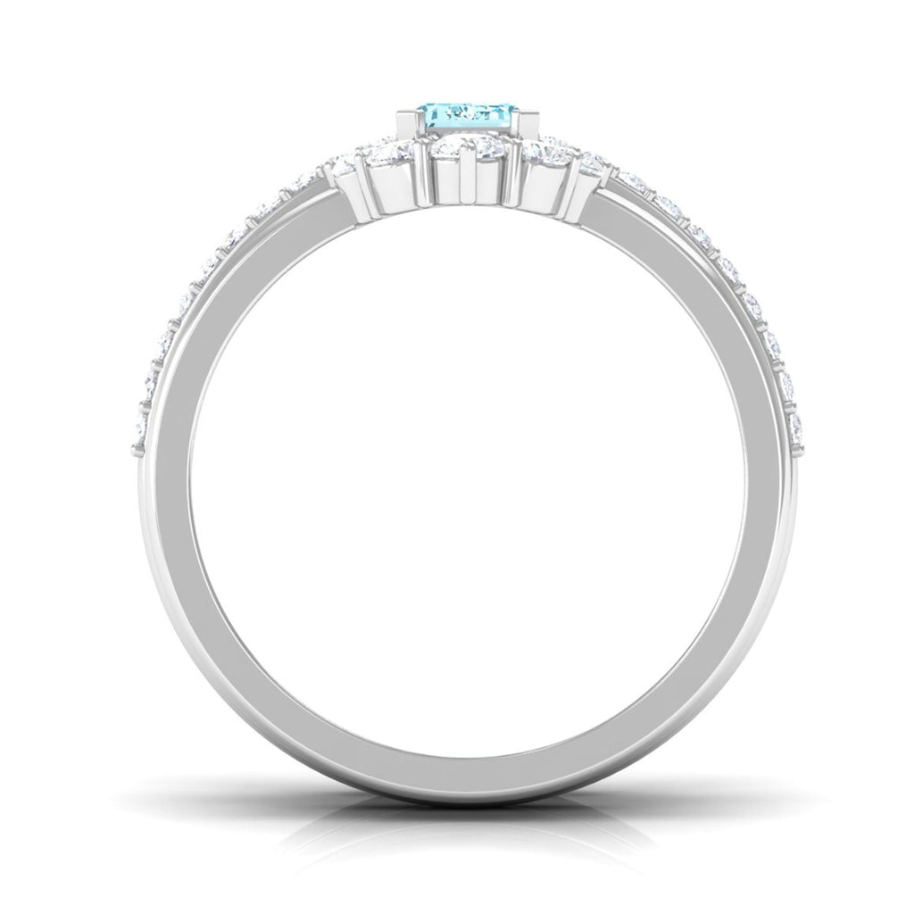Aquamarine Wedding Ring Set – Emerald Cut Trio with Diamond Accents & Matching Enhancer Bands