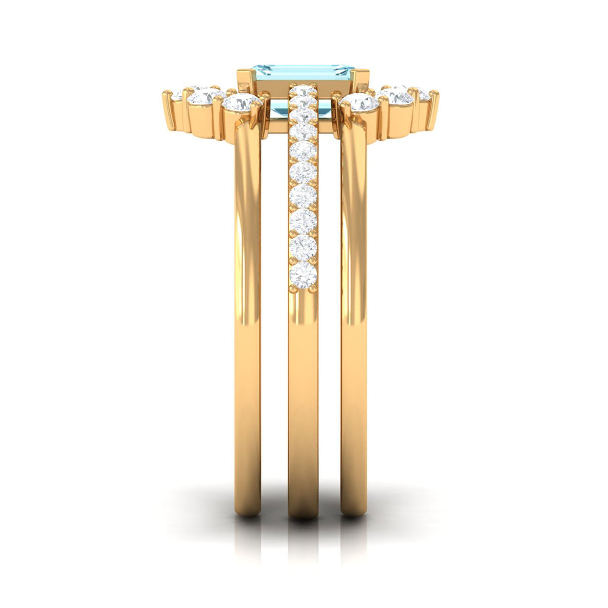 Aquamarine Wedding Ring Set – Emerald Cut Trio with Diamond Accents & Matching Enhancer Bands