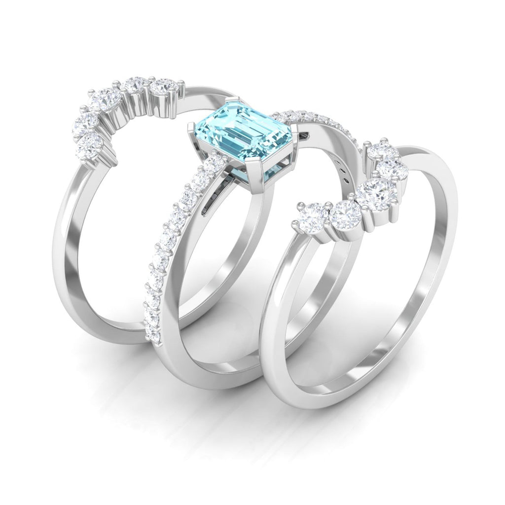 Aquamarine Wedding Ring Set – Emerald Cut Trio with Diamond Accents & Matching Enhancer Bands