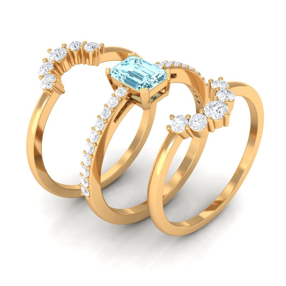 Aquamarine Wedding Ring Set – Emerald Cut Trio with Diamond Accents & Matching Enhancer Bands