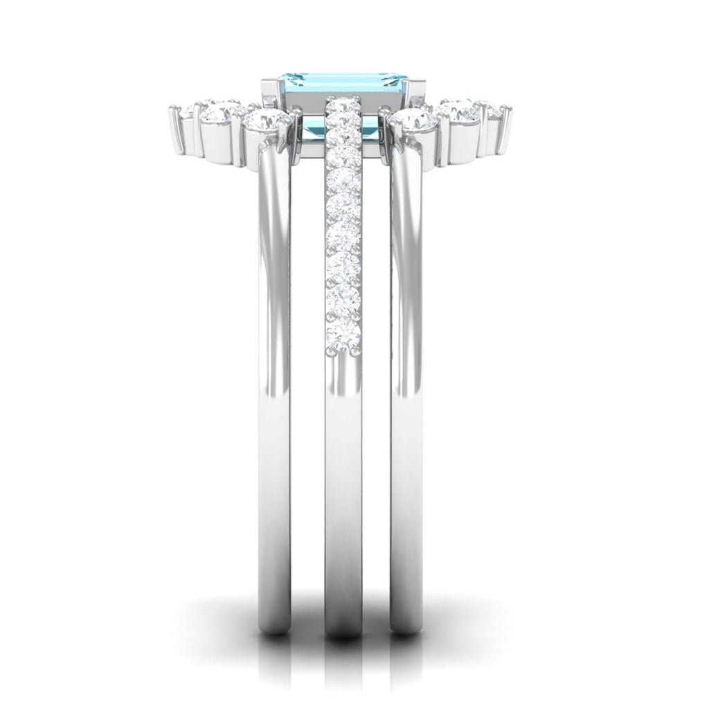 Aquamarine Wedding Ring Set – Emerald Cut Trio with Diamond Accents & Matching Enhancer Bands
