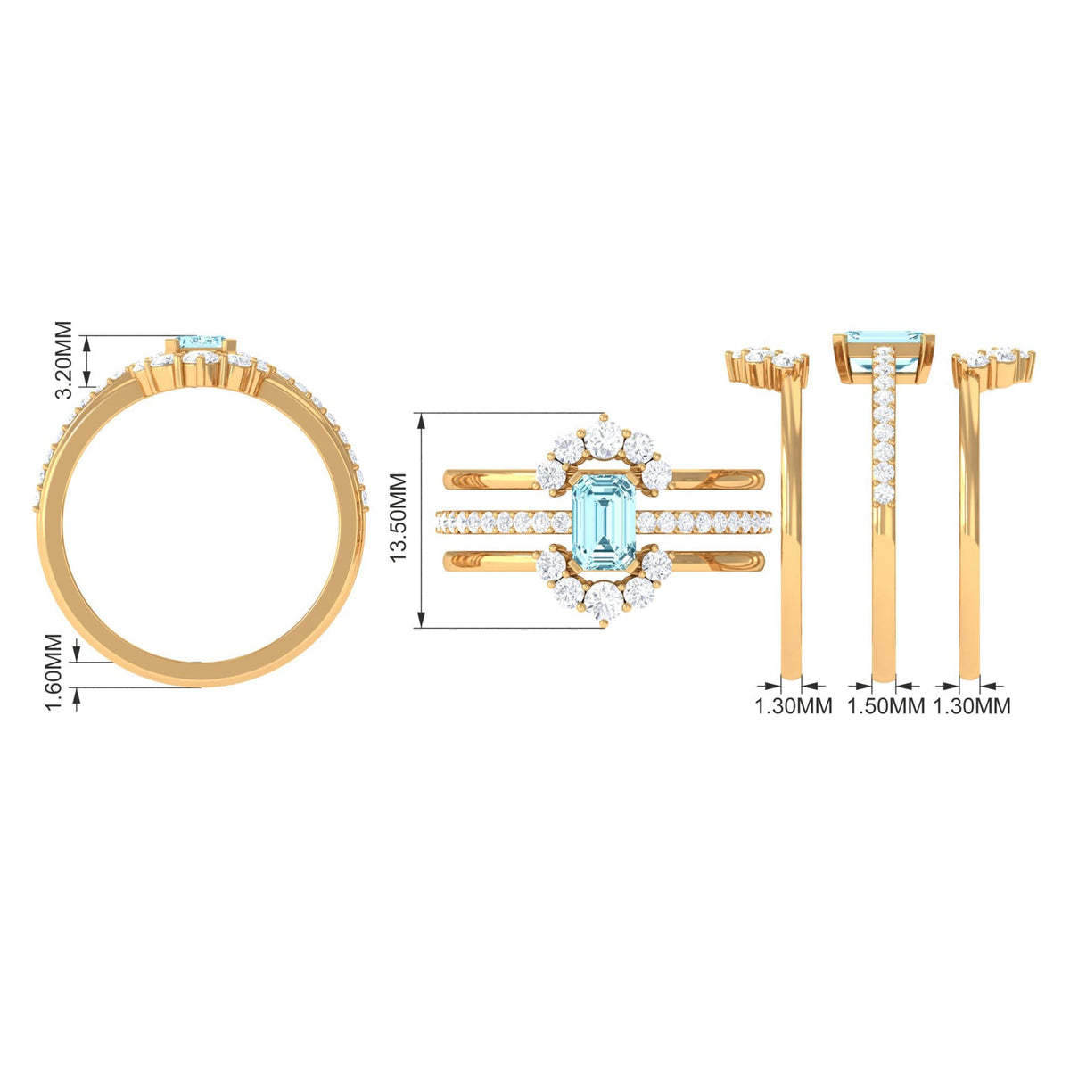 Aquamarine Wedding Ring Set – Emerald Cut Trio with Diamond Accents & Matching Enhancer Bands