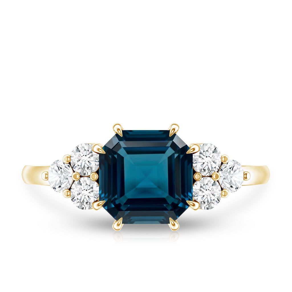 Asscher Cut London Blue Topaz Solitaire Engagement Ring with Diamond Trio