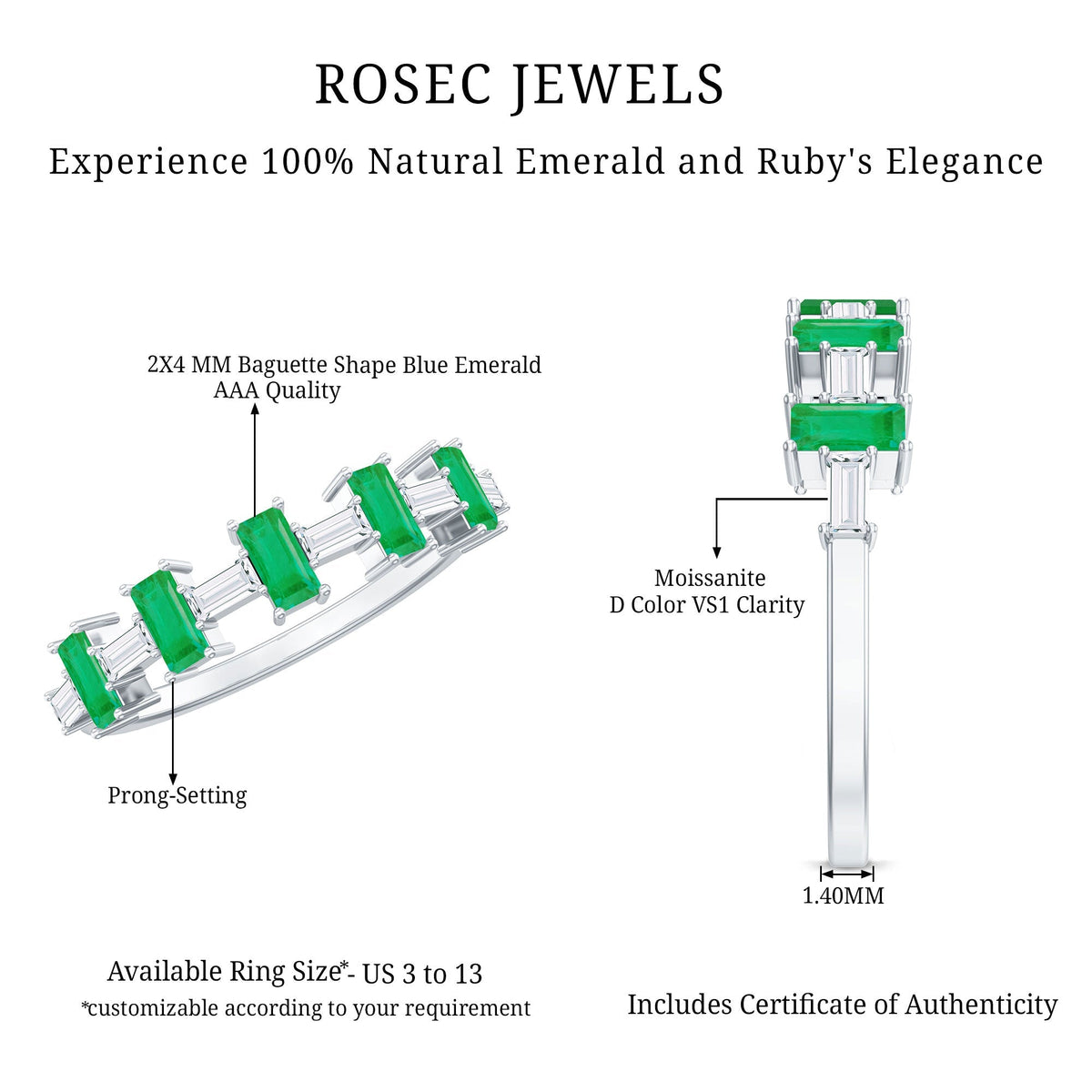 Baguette Emerald Ring – Half Eternity Band with AAA Quality Moissanite Stones