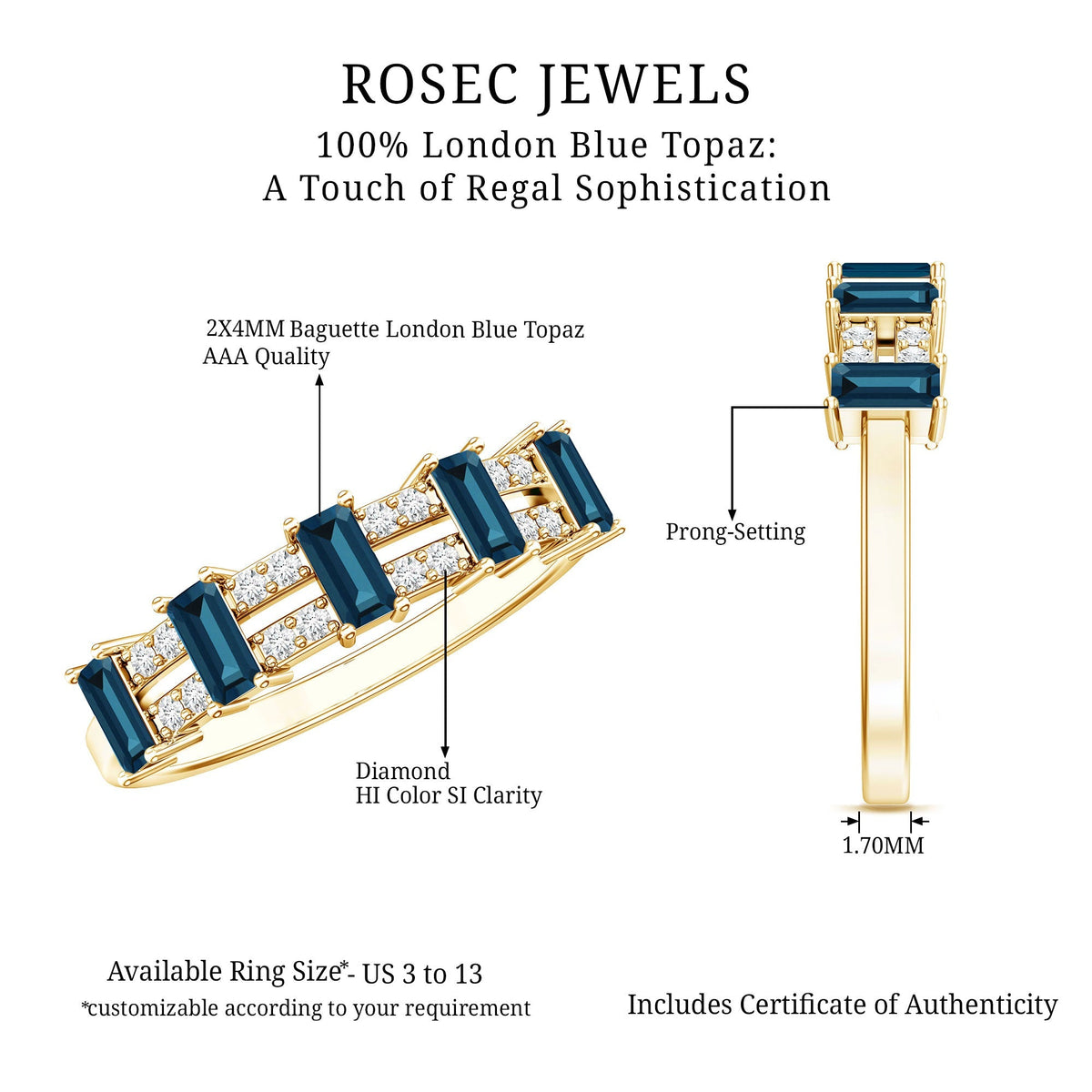Baguette London Blue Topaz Half Eternity Band with Diamond