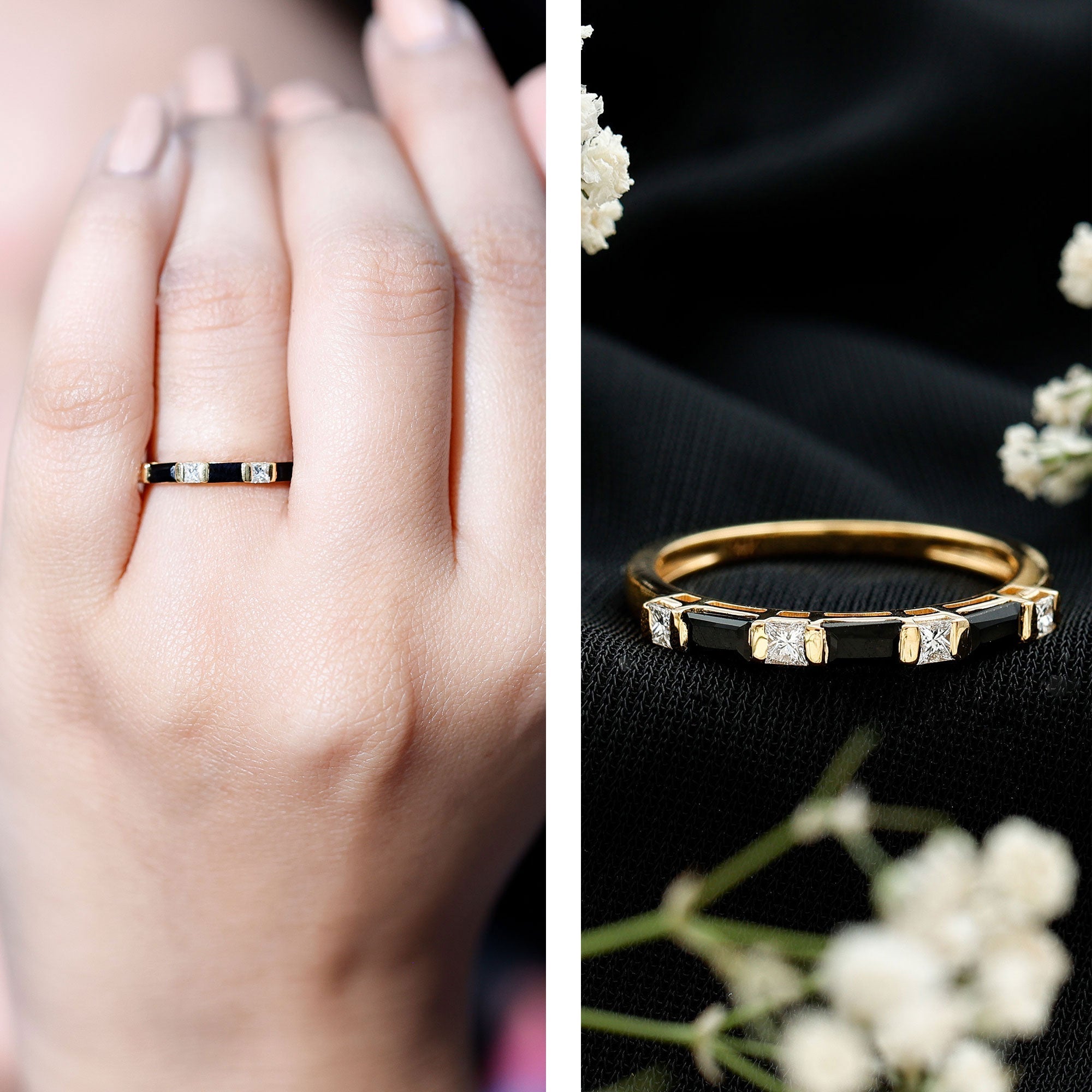 Bar Set Black Onyx and Diamond Half Eternity Wedding Band