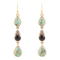 Barcelona Blue Turquoise and Black Onyx Linear Drop Golden Earrings