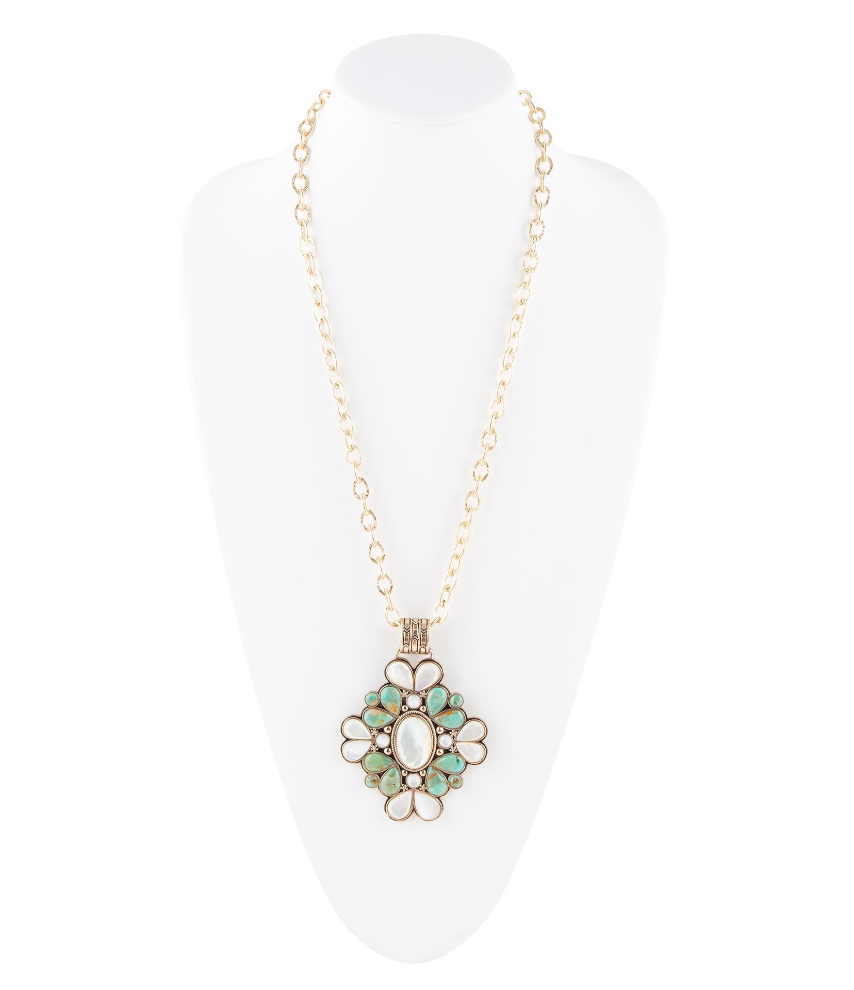 Barcelona Blue Turquoise and Mother of Pearl Golden Statement Necklace
