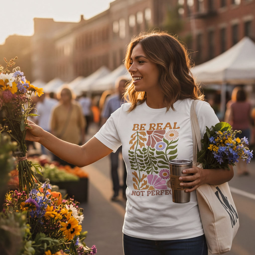 Be Real Not Perfect Shirt – Floral Graphic Tee With Self Love Design - T-Shirt | Sunflower Soul Boutique