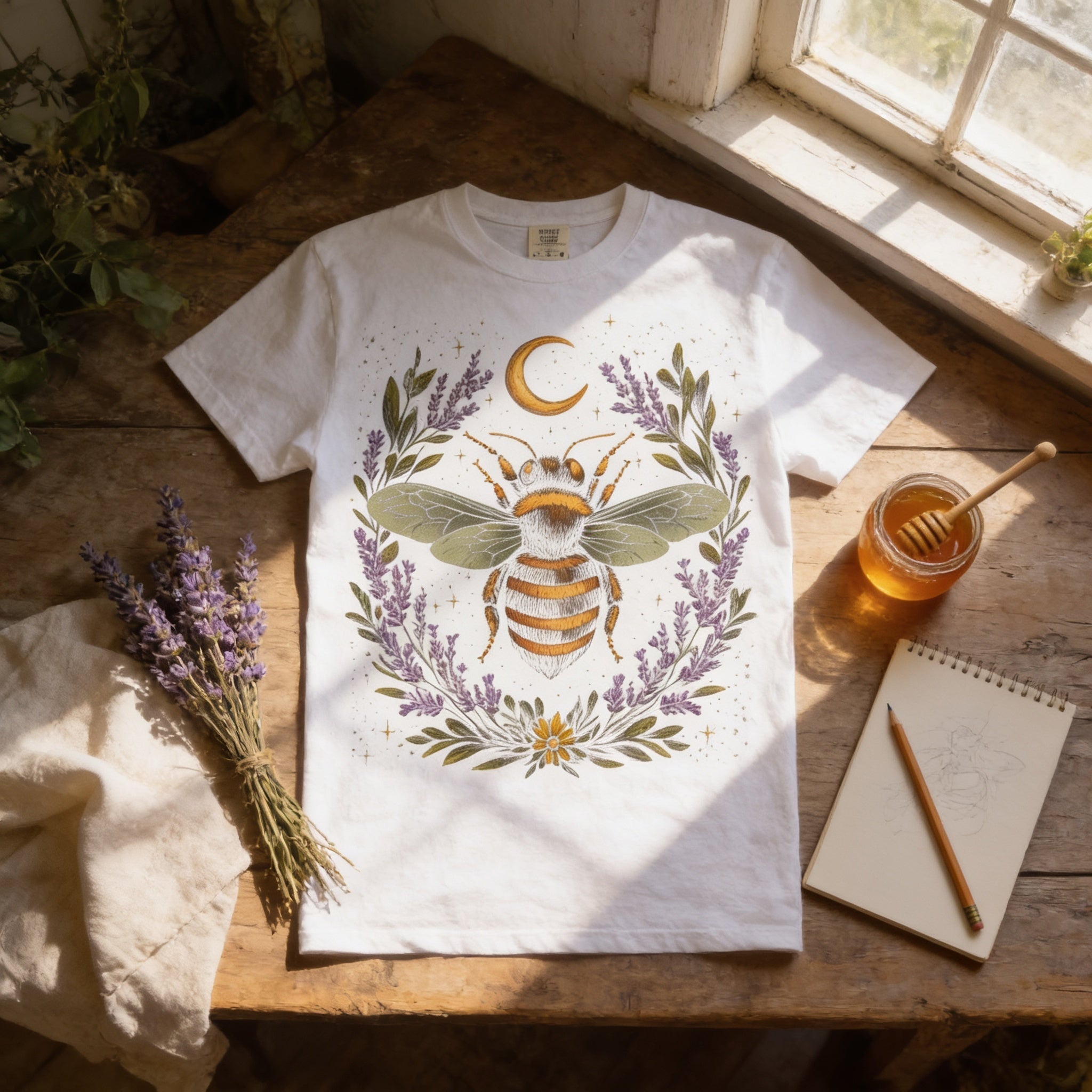 Bee Graphic Tee – Soft Vintage T-Shirt With Hand Drawn Bee Art & Lavender Design - T-Shirt | Sunflower Soul Boutique