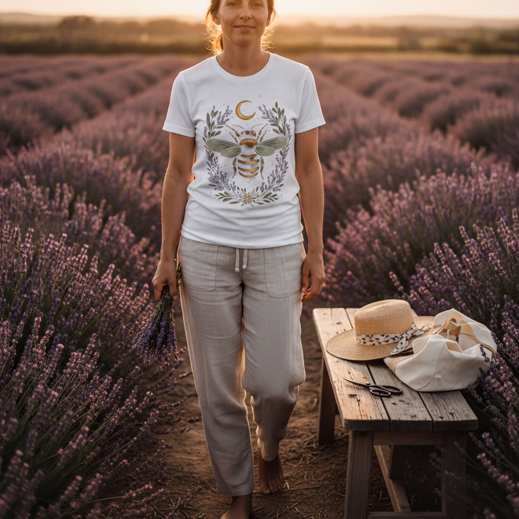 Bee Graphic Tee – Soft Vintage T-Shirt With Hand Drawn Bee Art & Lavender Design - T-Shirt | Sunflower Soul Boutique