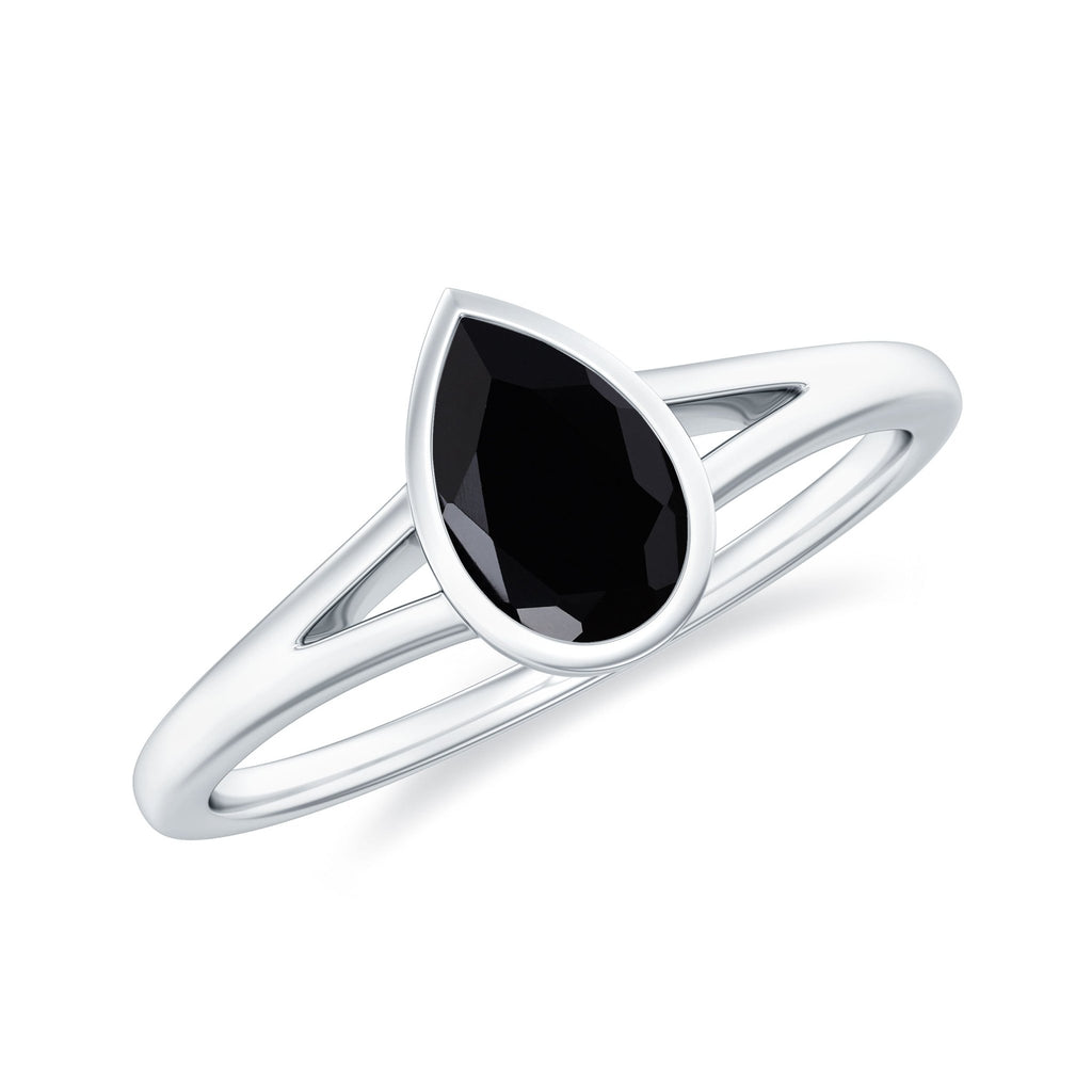 Bezel Set Black Onyx Pear Engagement Ring in Split Shank