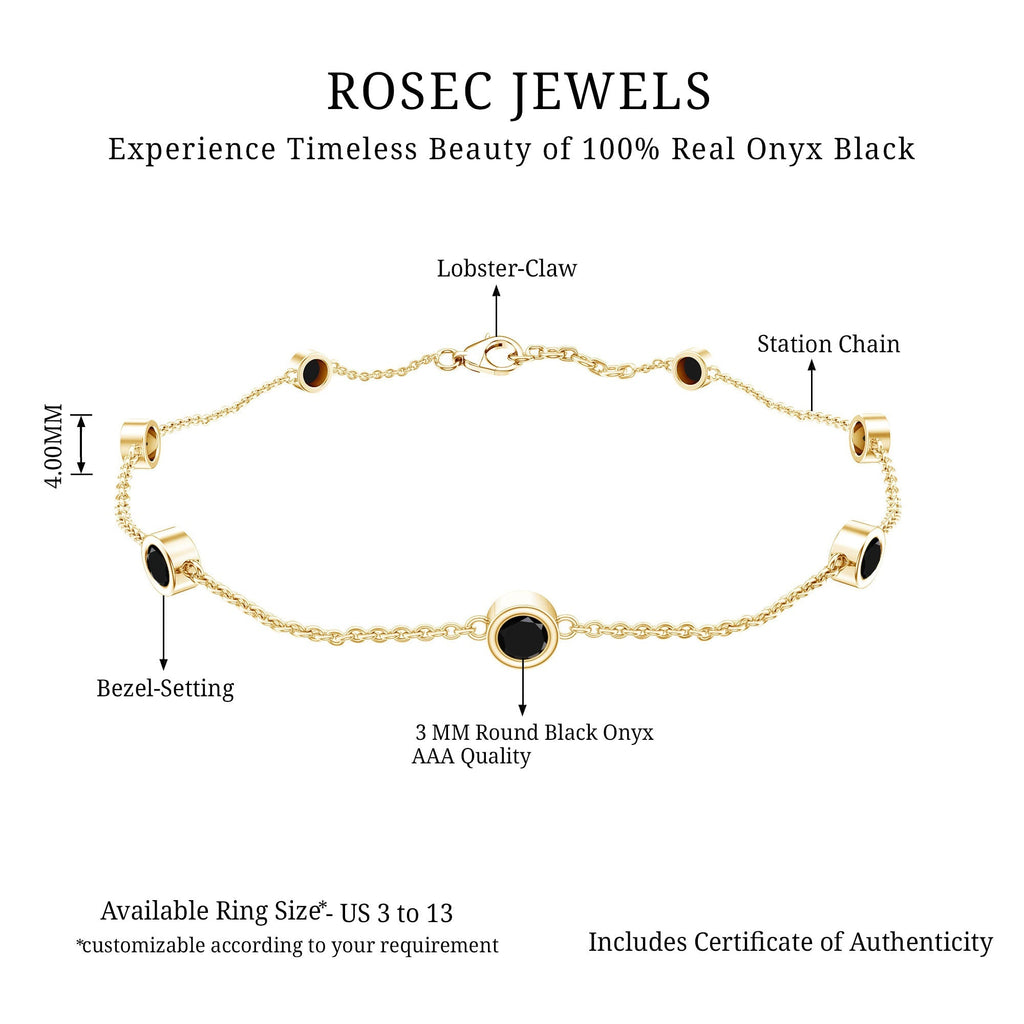 Bezel Set Black Onyx Seven Stone Station Chain Bracelet