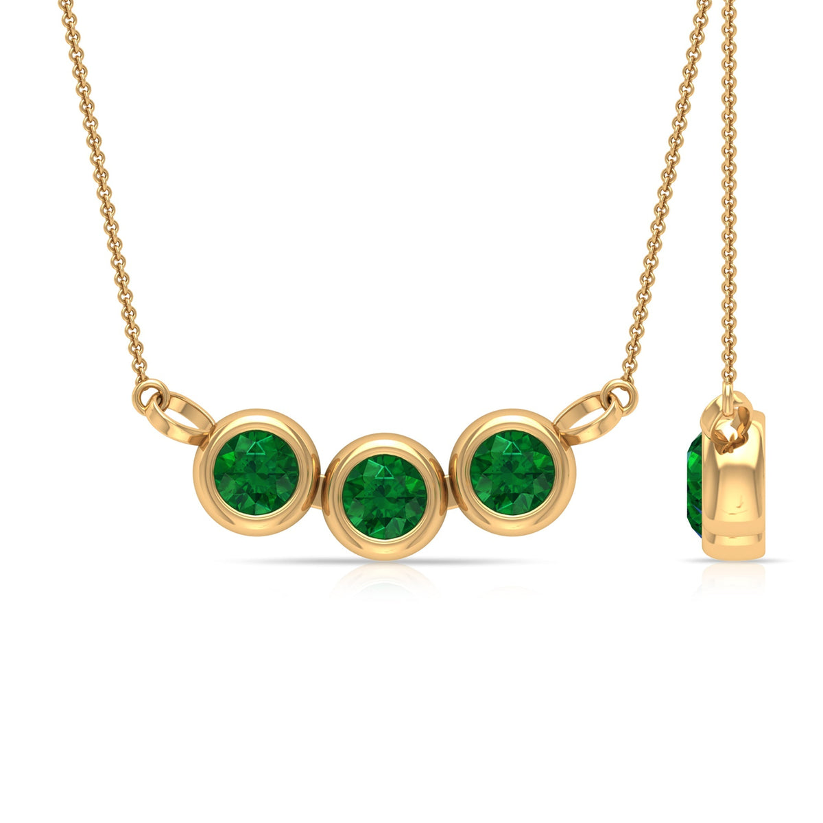 Bezel Set Emerald Necklace – Three Stone Round Pendant | AAA Quality Green Gemstone Jewelry