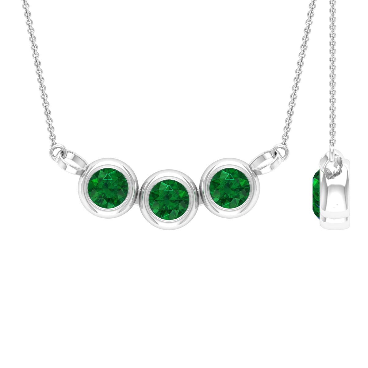 Bezel Set Emerald Necklace – Three Stone Round Pendant | AAA Quality Green Gemstone Jewelry