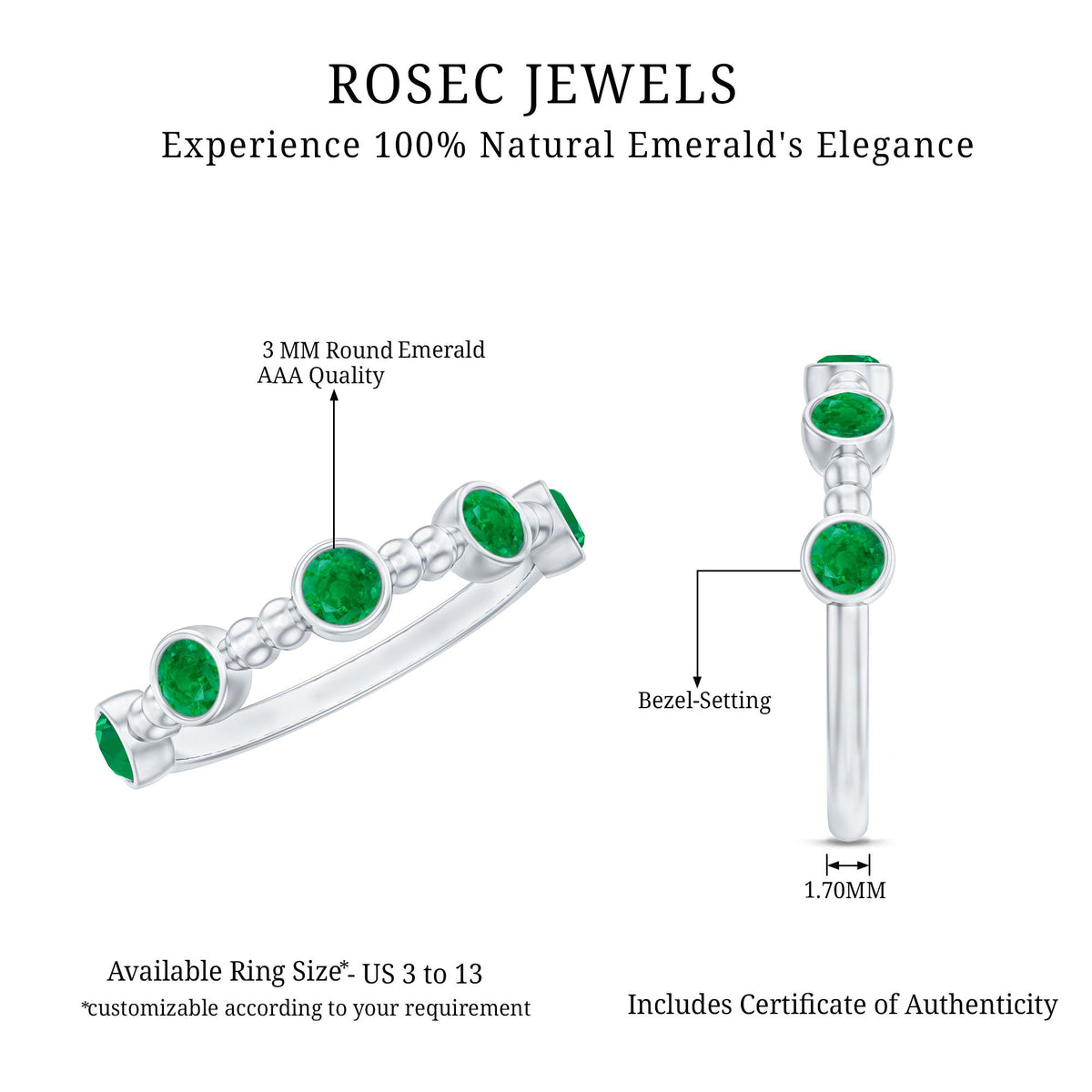 Bezel Set Emerald Ring – Half Eternity Band with Vintage Beaded Design
