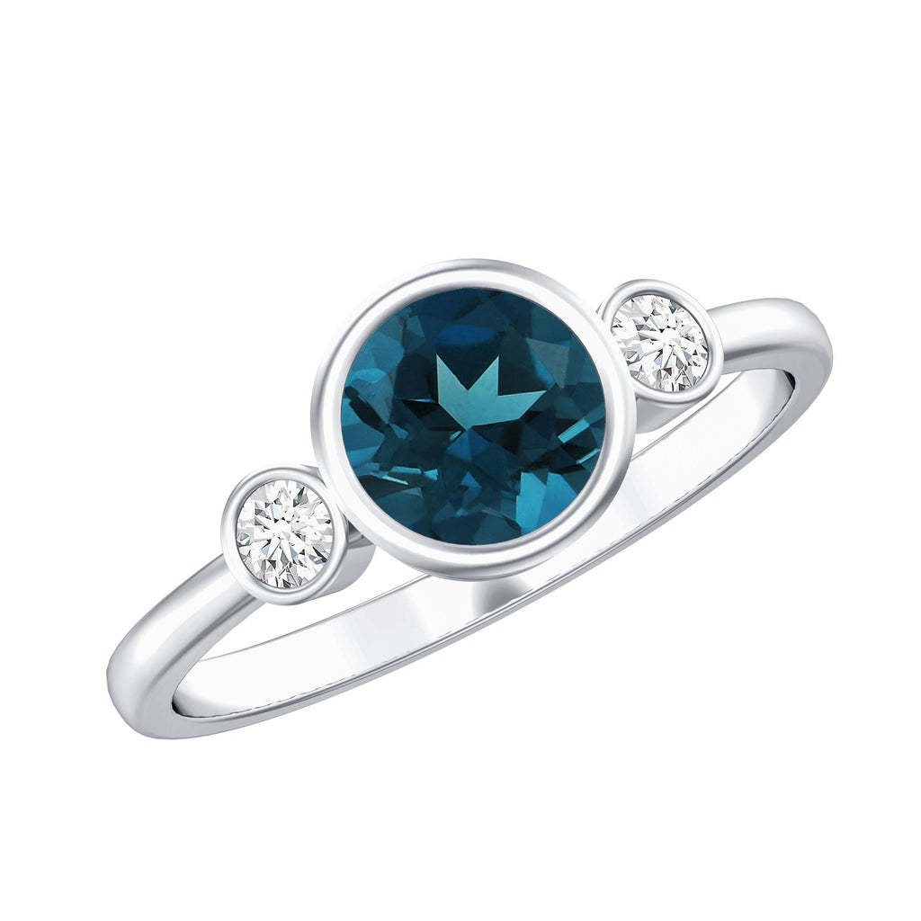Bezel Set Round London Blue Topaz Solitaire Engagement Ring With Diamond