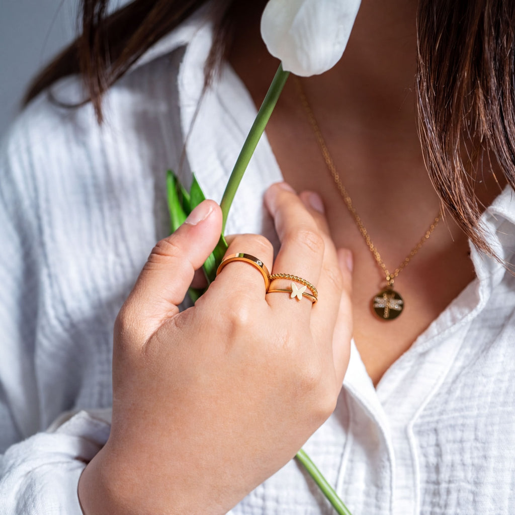Birthstone Stacking Ring – 18K Gold PVD Stainless Steel Engraved Band - Ring | Sunflower Soul Boutique