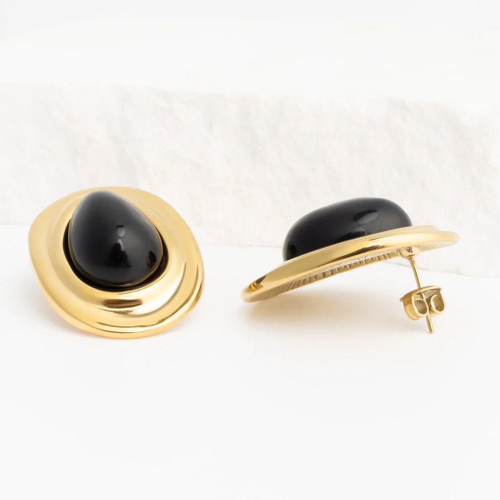 Black Enamel Stud Earrings – 18K Gold Stainless Steel, Hypoallergenic Push Back Closure - Earrings | Sunflower Soul Boutique