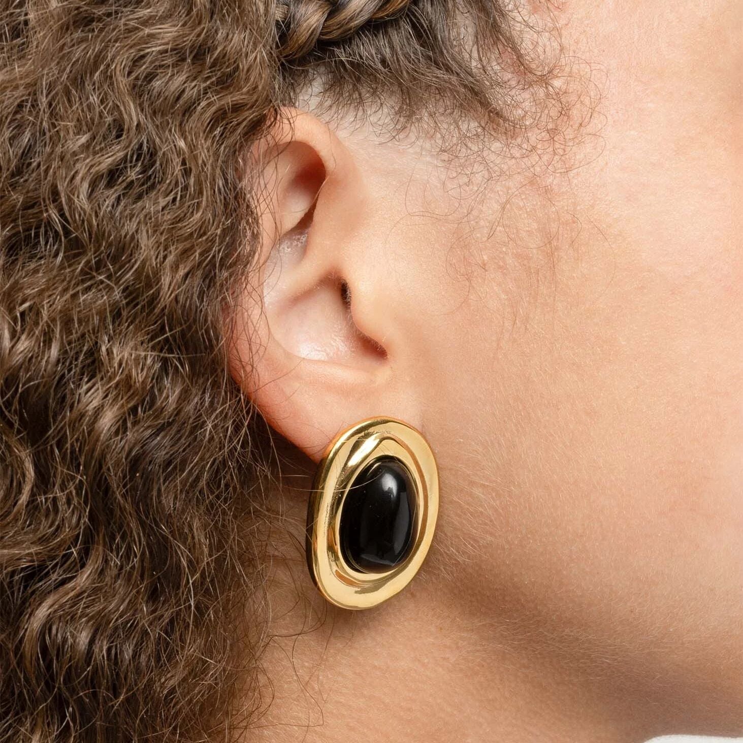 Black Enamel Stud Earrings – 18K Gold Stainless Steel, Hypoallergenic Push Back Closure - Earrings | Sunflower Soul Boutique