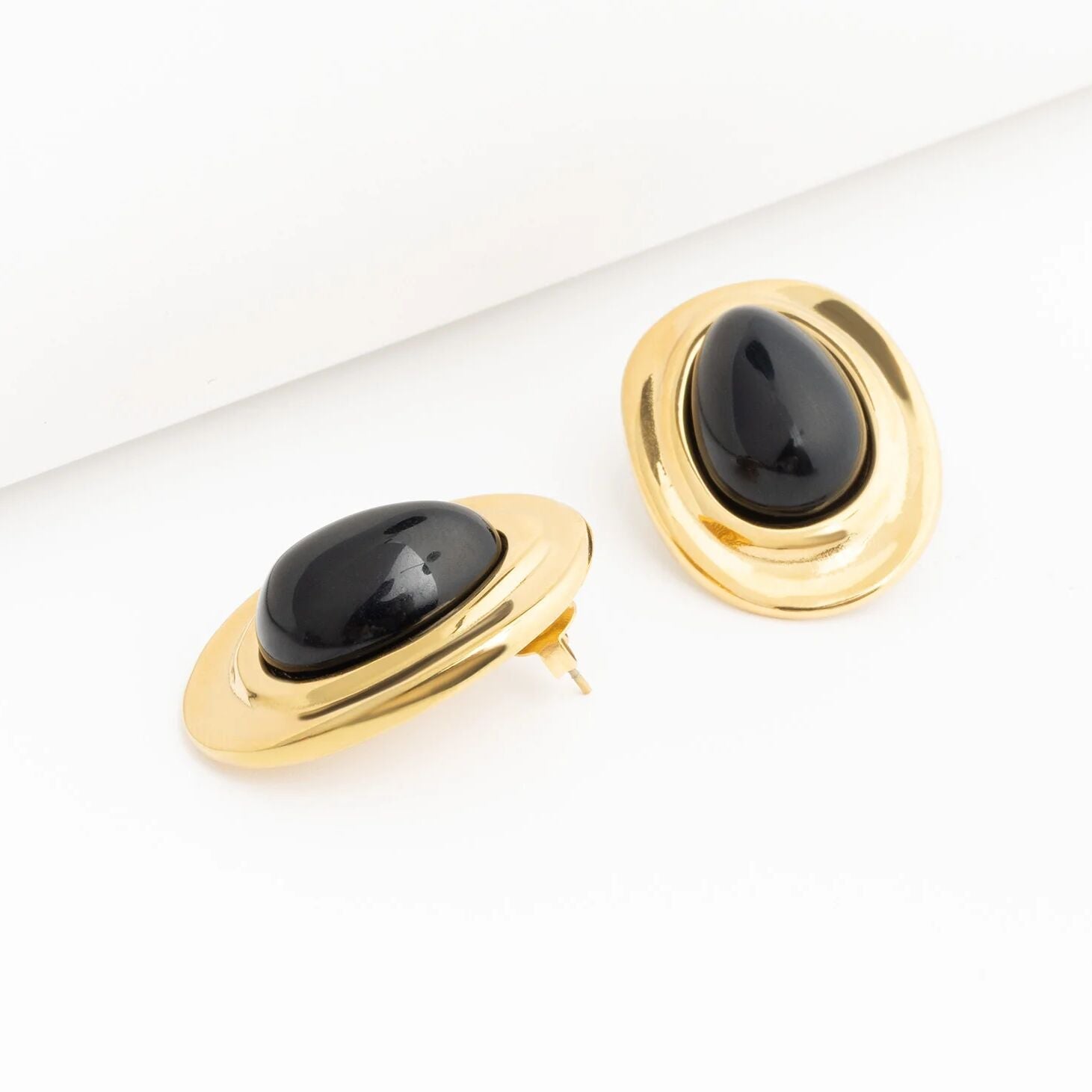 Black Enamel Stud Earrings – 18K Gold Stainless Steel, Hypoallergenic Push Back Closure - Earrings | Sunflower Soul Boutique