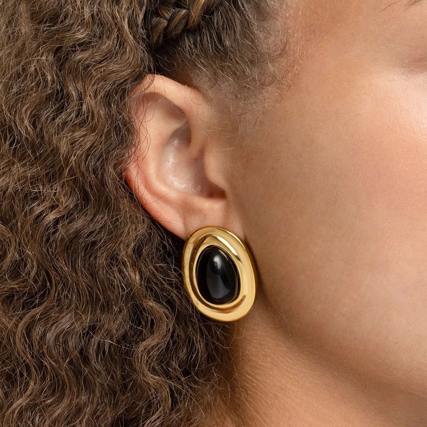 Black Enamel Stud Earrings – 18K Gold Stainless Steel, Hypoallergenic Push Back Closure - Earrings | Sunflower Soul Boutique