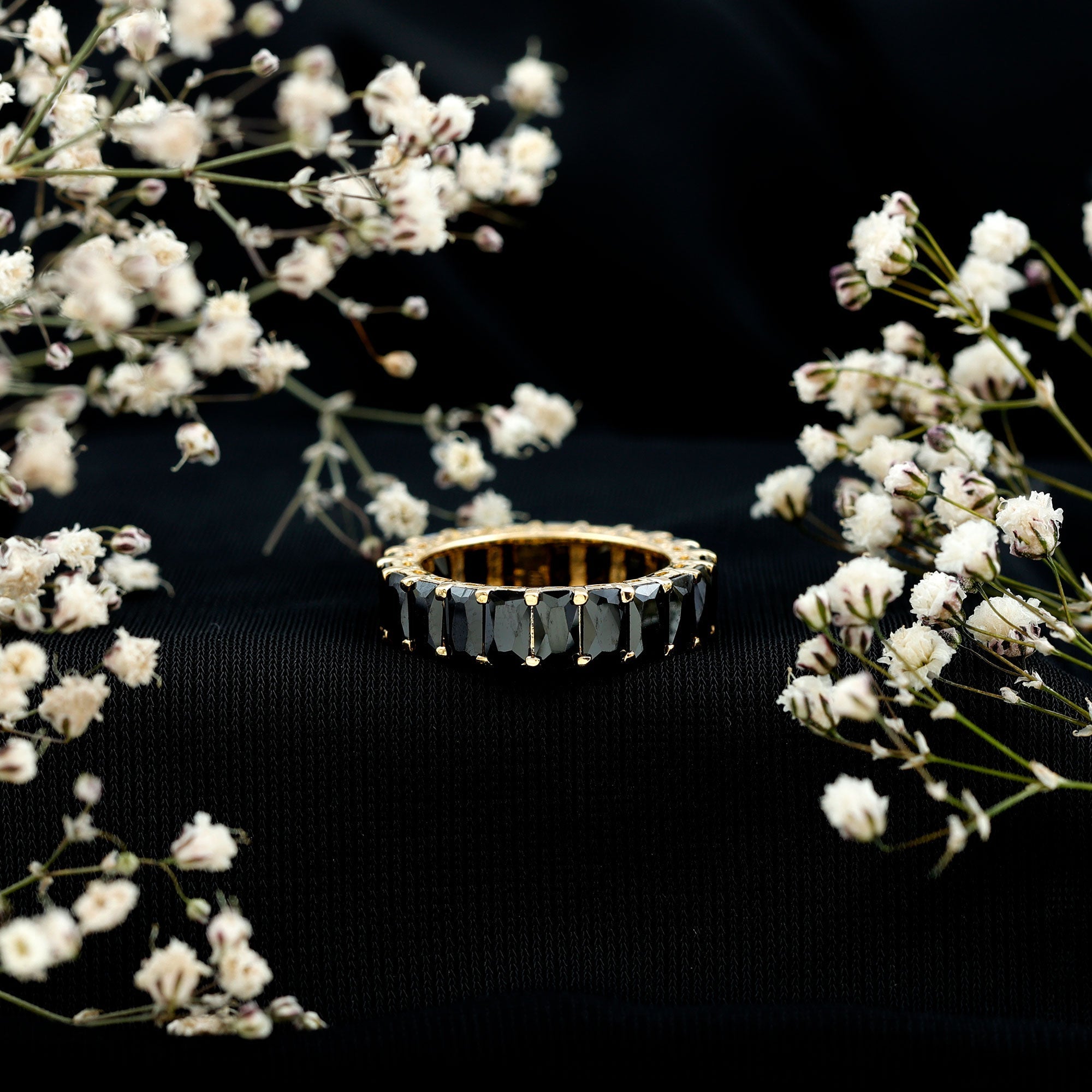Black Onyx Emerald Cut Eternity Band in Shared Prong Setting