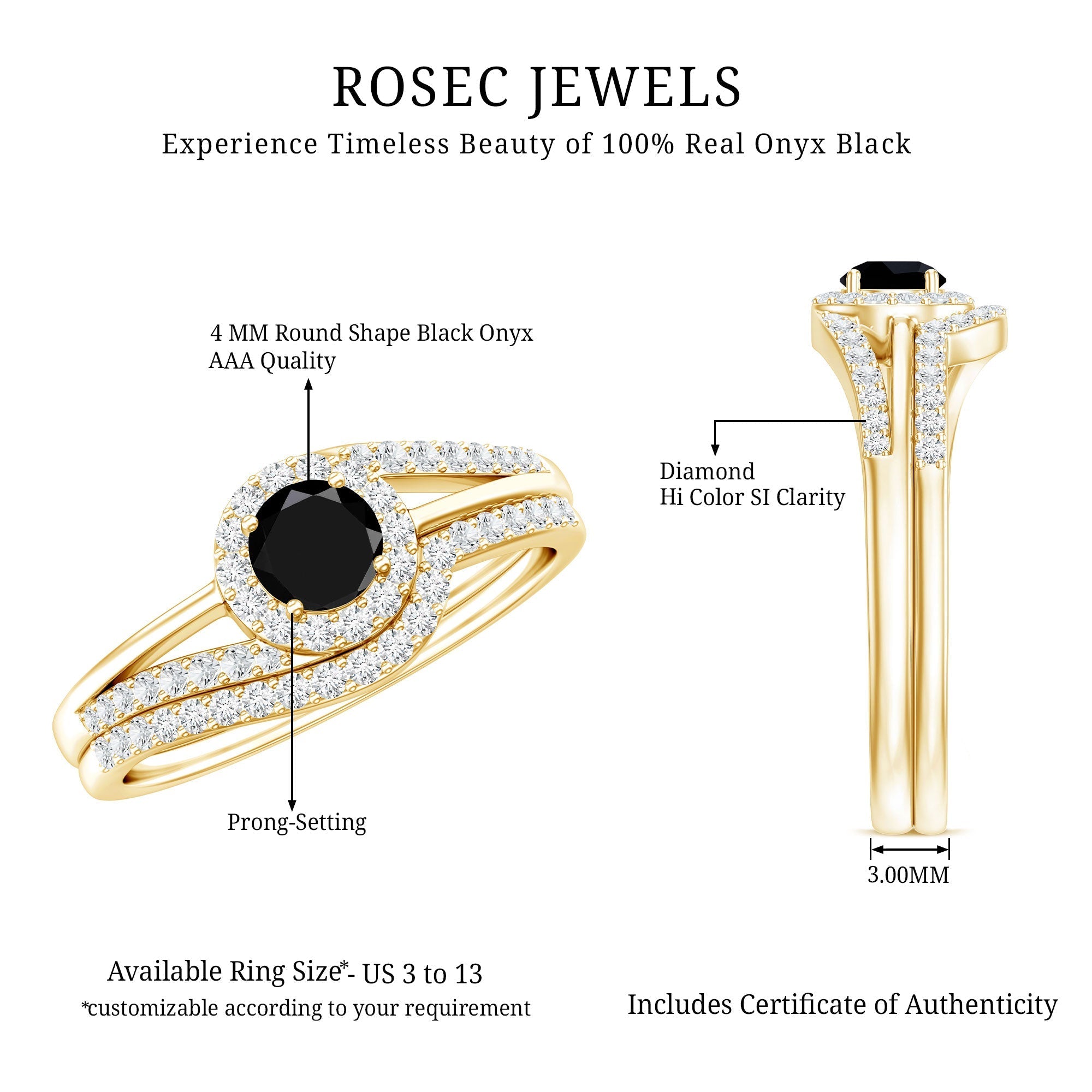 Black Onyx Minimal Wedding Rings Set with Diamond Curved Band