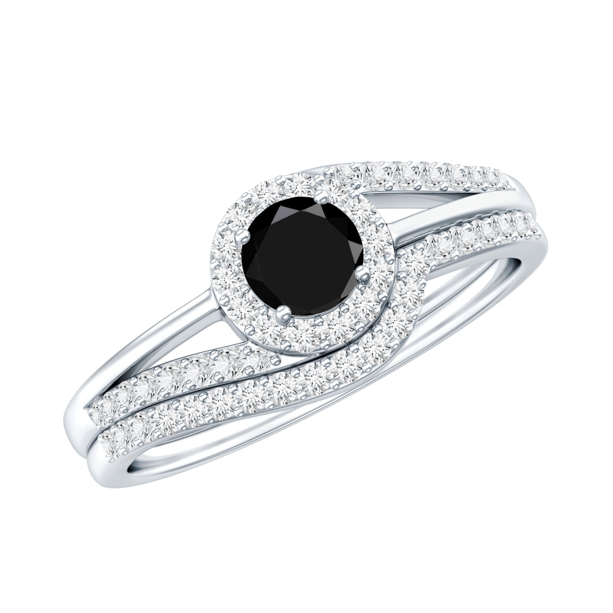Black Onyx Minimal Wedding Rings Set with Diamond Curved Band