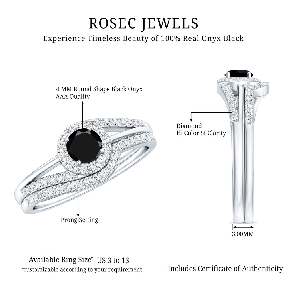 Black Onyx Minimal Wedding Rings Set with Diamond Curved Band