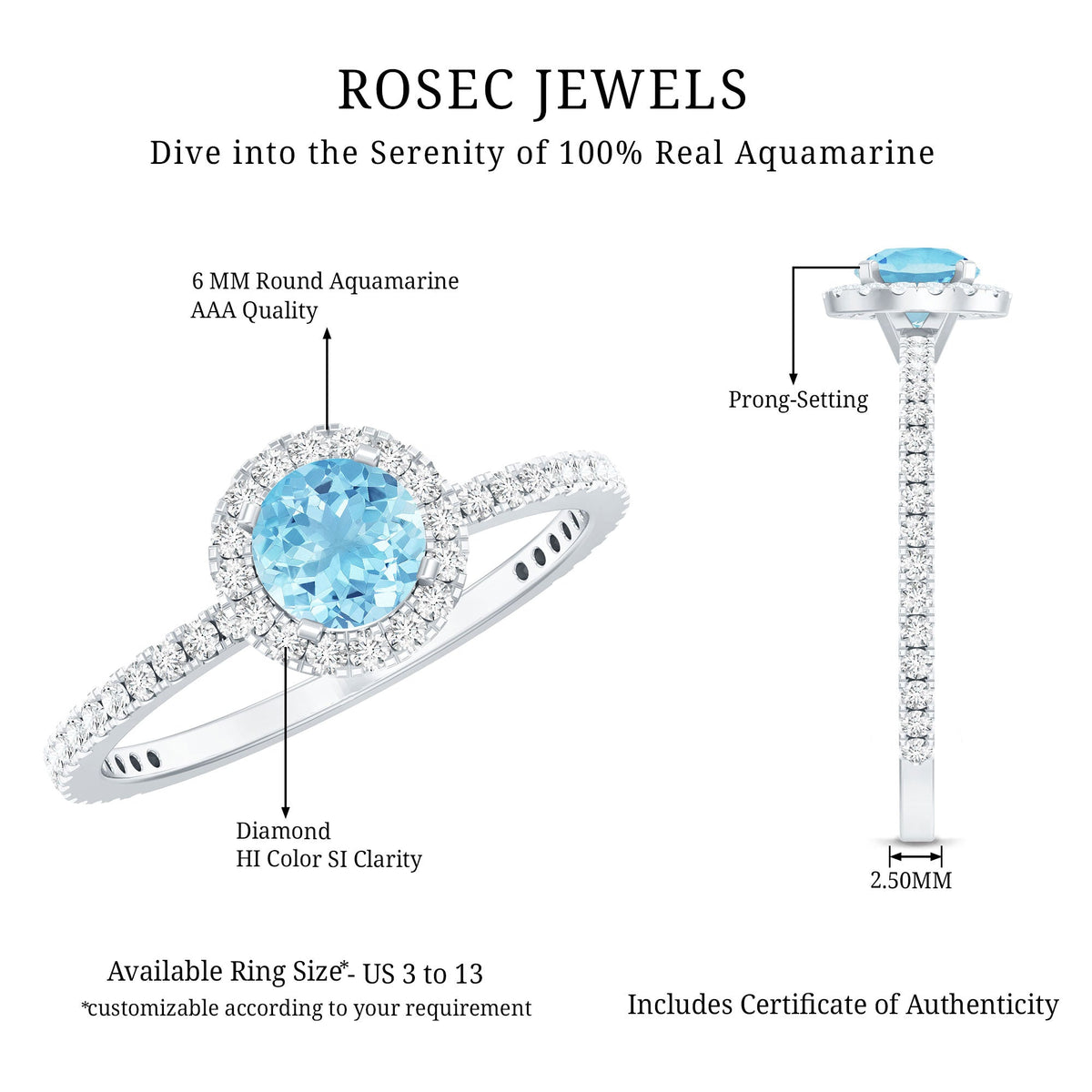 Blue Aquamarine Ring – 6mm Round Aquamarine With Diamond Halo Band Sparkle