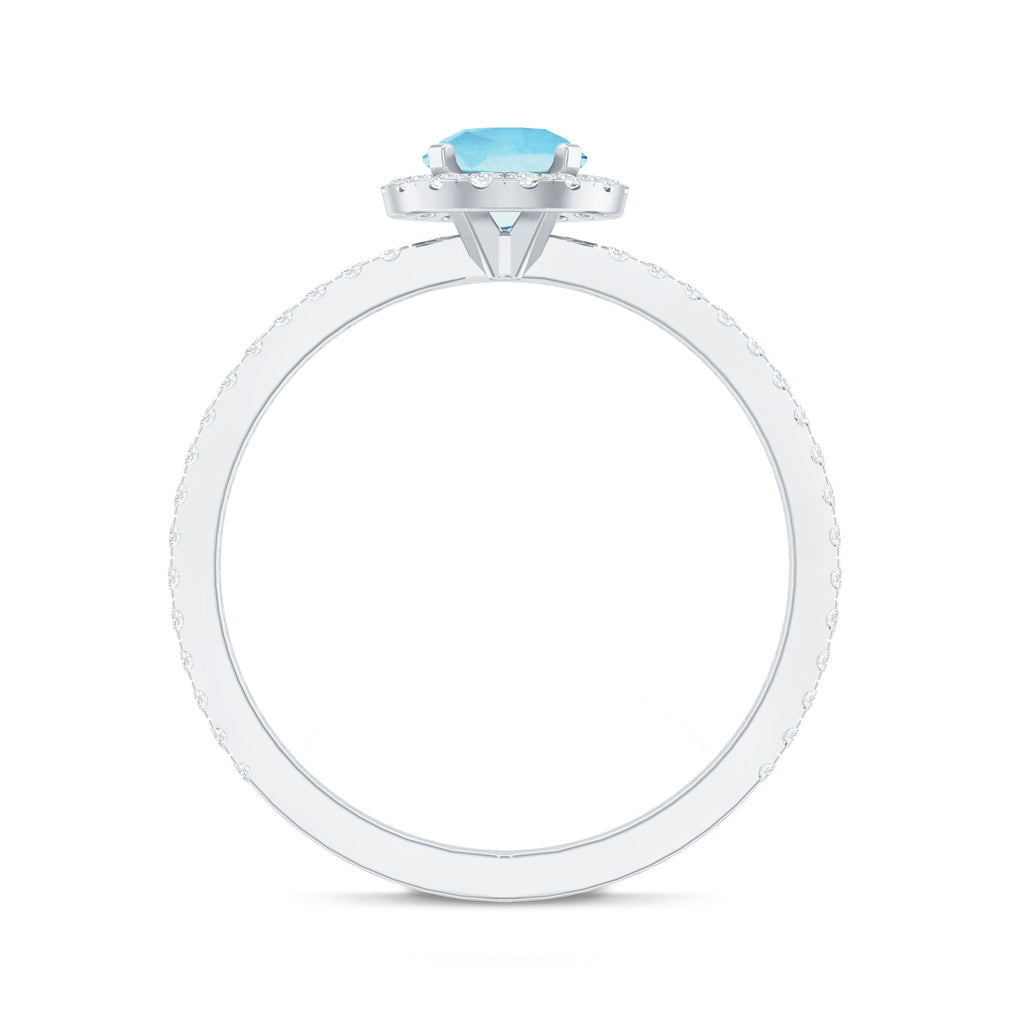 Blue Aquamarine Ring – 6mm Round Aquamarine With Diamond Halo Band Sparkle