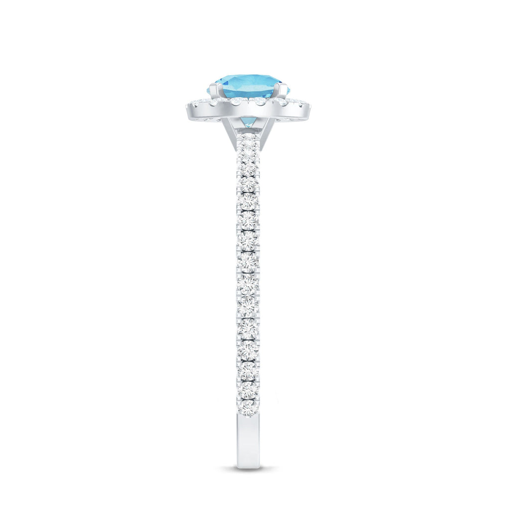 Blue Aquamarine Ring – 6mm Round Aquamarine With Diamond Halo Band Sparkle