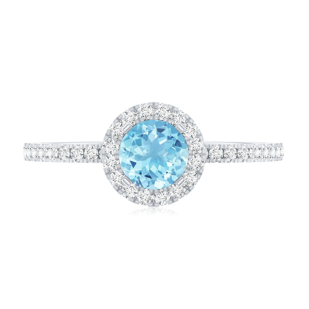 Blue Aquamarine Ring – 6mm Round Aquamarine With Diamond Halo Band Sparkle