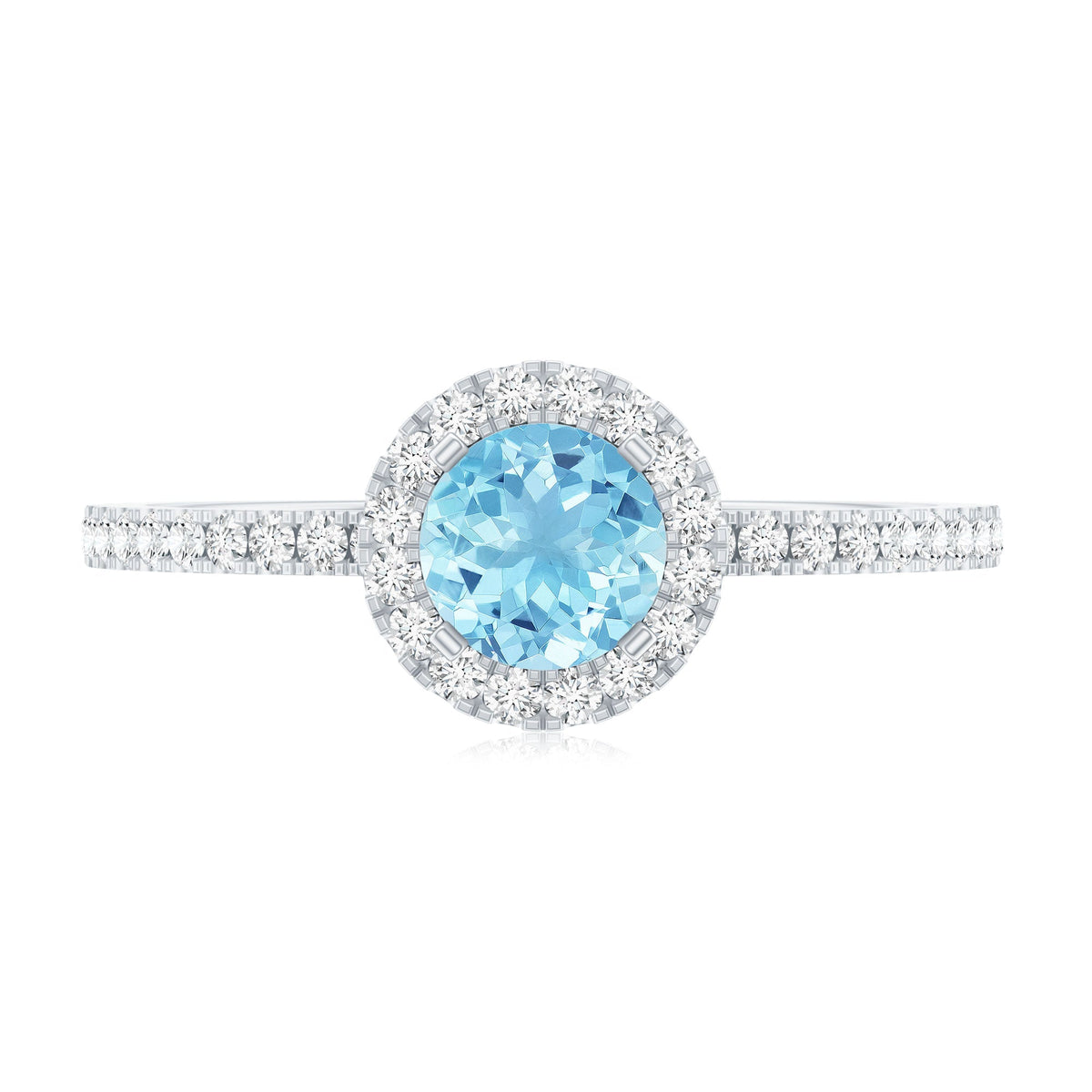Blue Aquamarine Ring – 6mm Round Aquamarine With Diamond Halo Band Sparkle