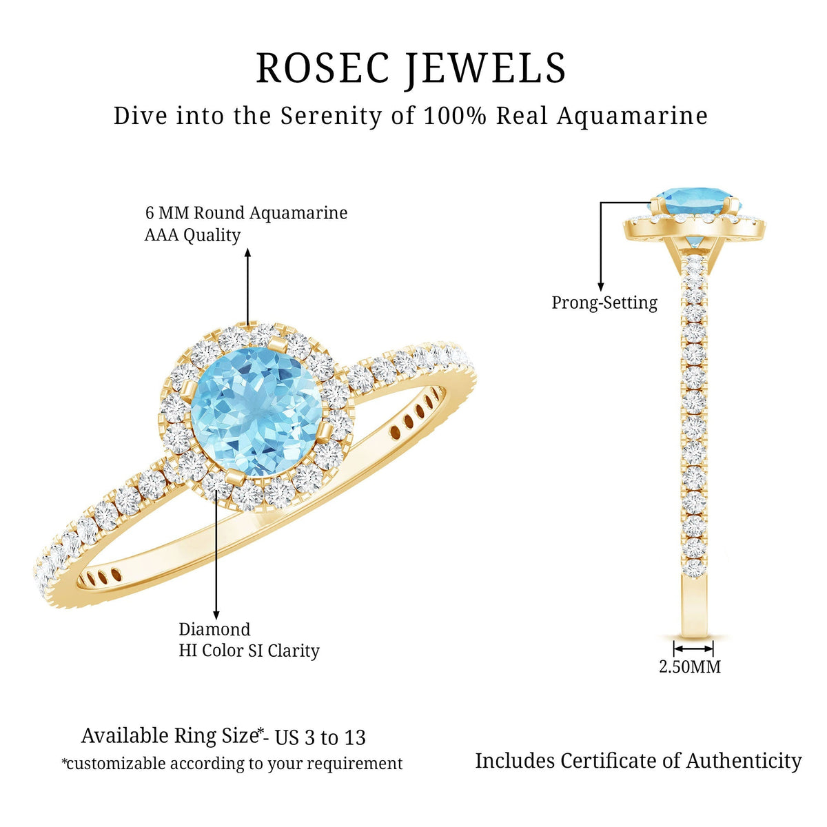Blue Aquamarine Ring – 6mm Round Aquamarine With Diamond Halo Band Sparkle