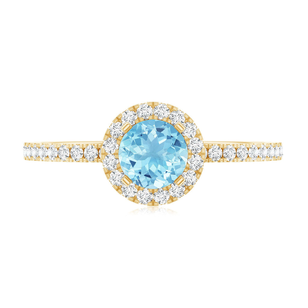 Blue Aquamarine Ring – 6mm Round Aquamarine With Diamond Halo Band Sparkle