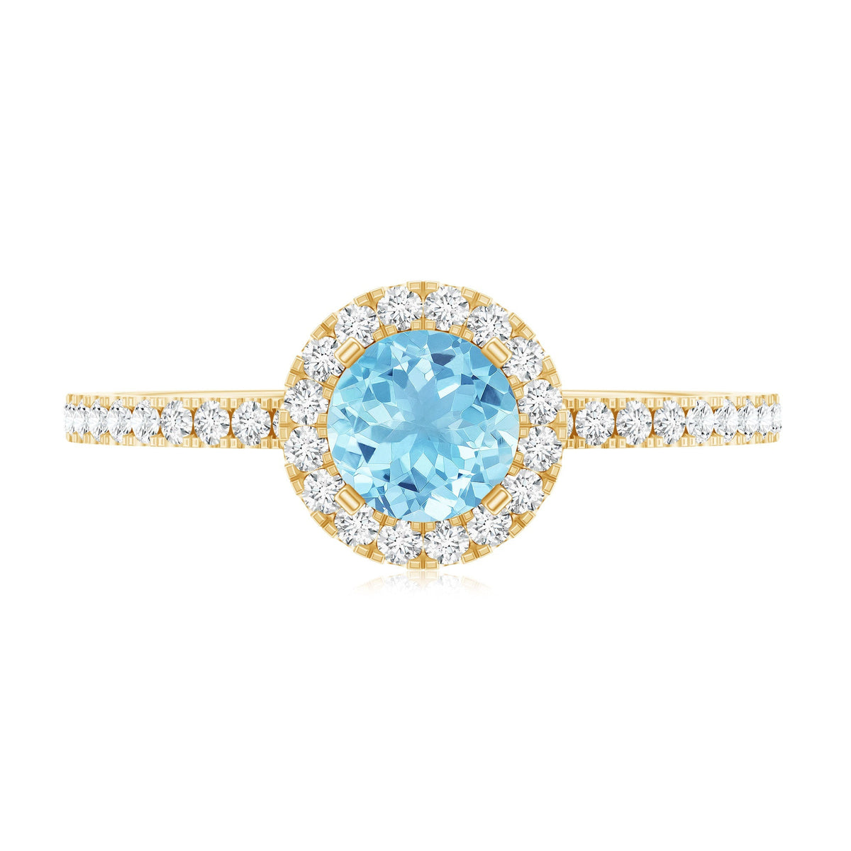 Blue Aquamarine Ring – 6mm Round Aquamarine With Diamond Halo Band Sparkle