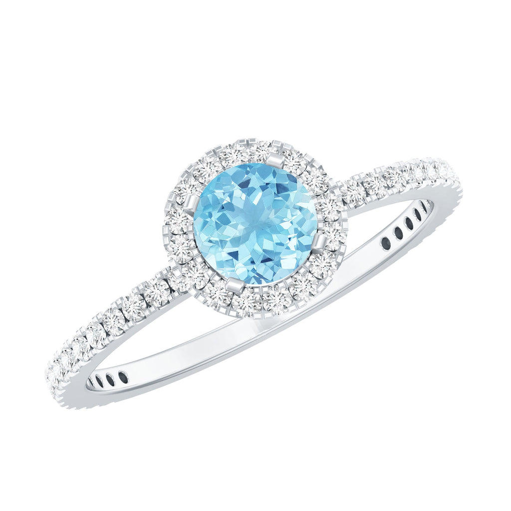 Blue Aquamarine Ring – 6mm Round Aquamarine With Diamond Halo Band Sparkle