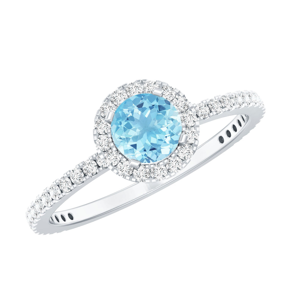 Blue Aquamarine Ring – 6mm Round Aquamarine With Diamond Halo Band Sparkle