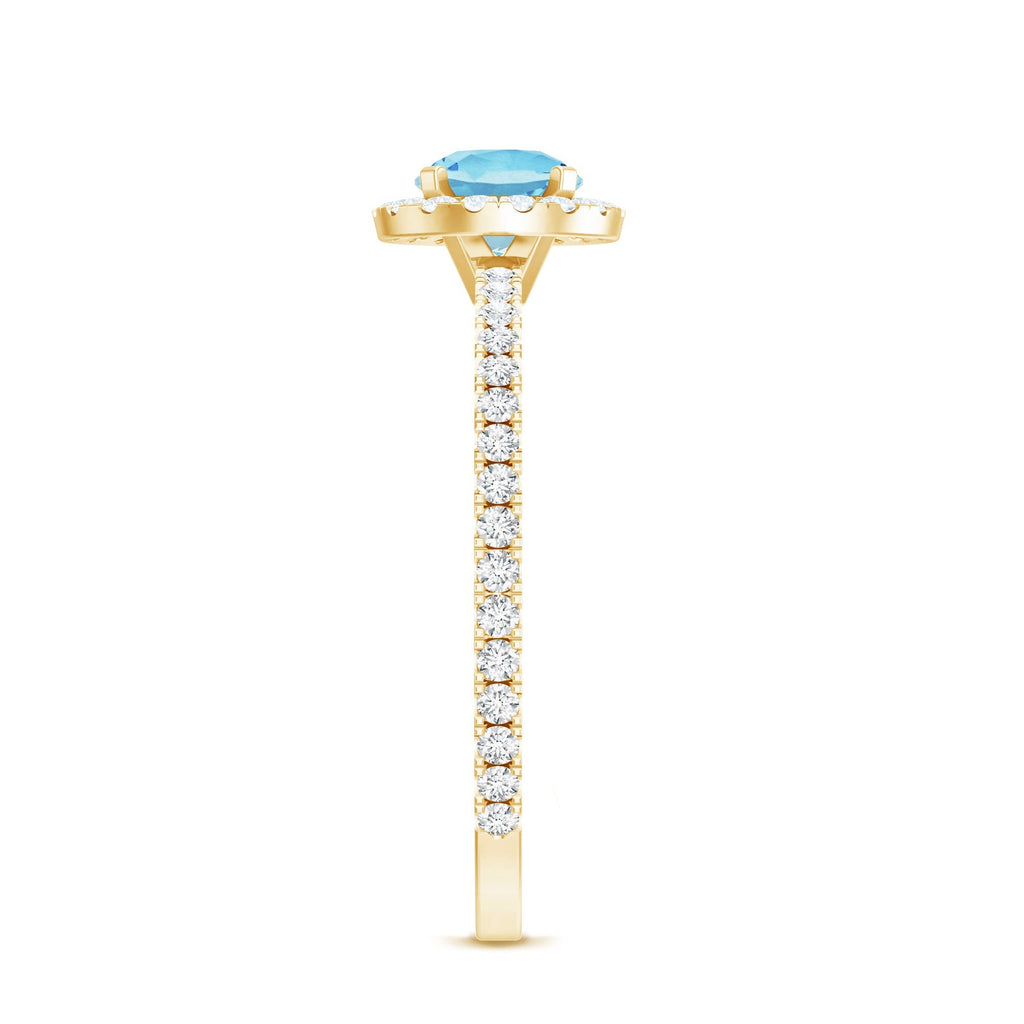 Blue Aquamarine Ring – 6mm Round Aquamarine With Diamond Halo Band Sparkle