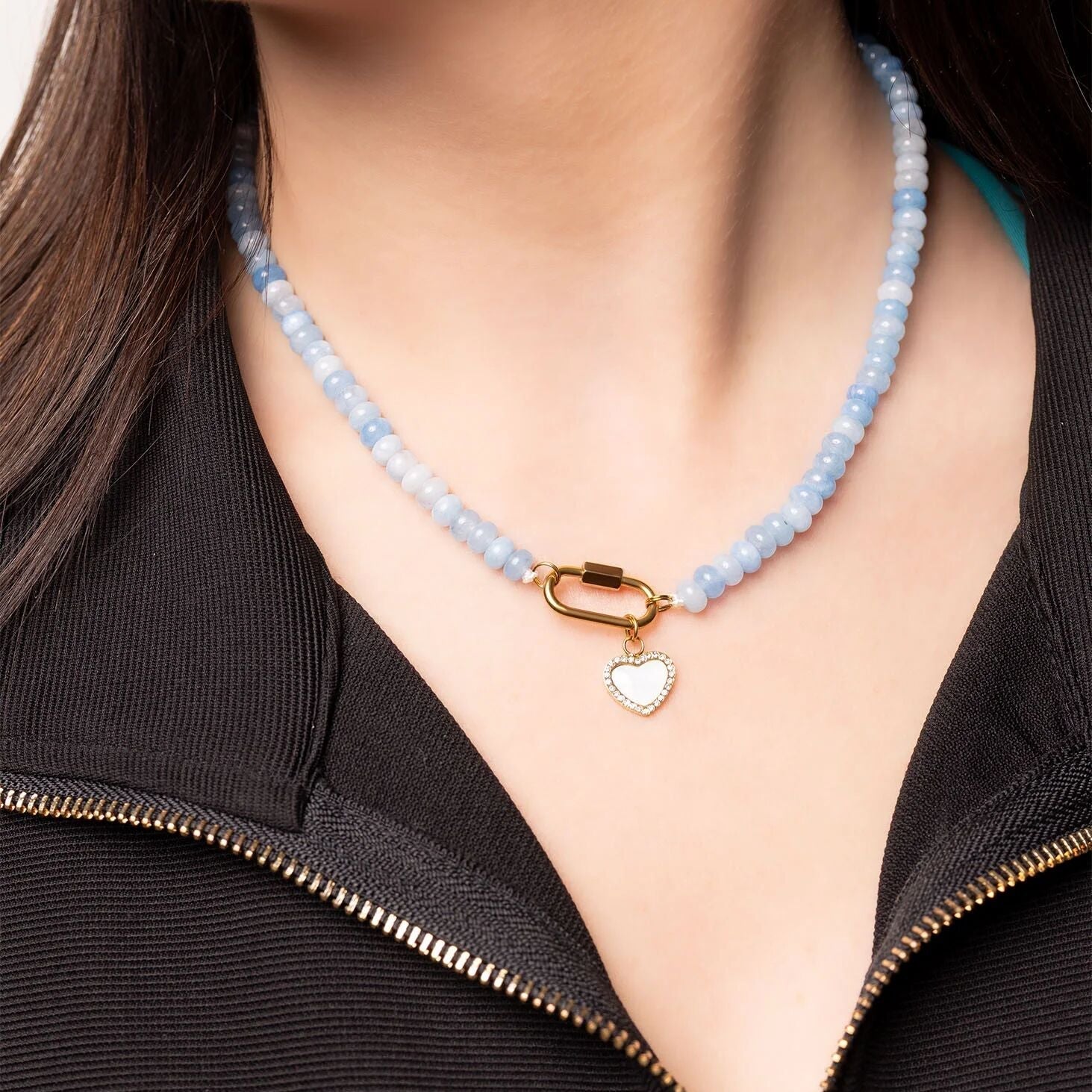Blue Chunky Bead Necklace - Stainless Steel Chain With Carabiner Clasp - Necklaces | Sunflower Soul Boutique