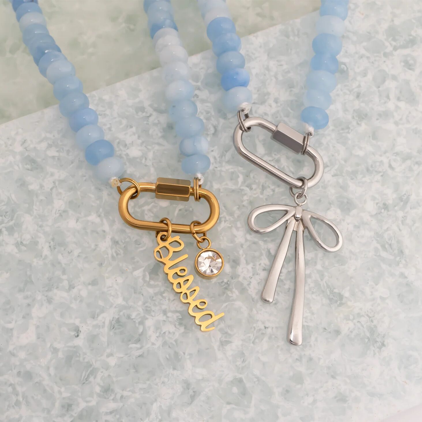 Blue Chunky Bead Necklace - Stainless Steel Chain With Carabiner Clasp - Necklaces | Sunflower Soul Boutique