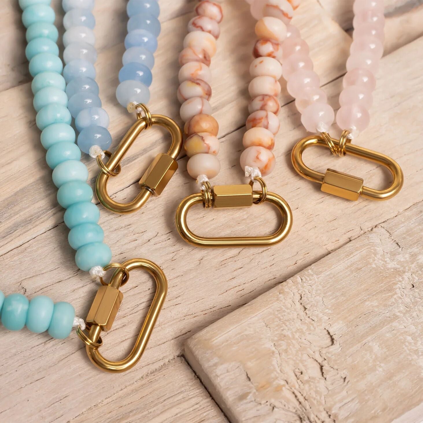 Blue Chunky Bead Necklace - Stainless Steel Chain With Carabiner Clasp - Necklaces | Sunflower Soul Boutique