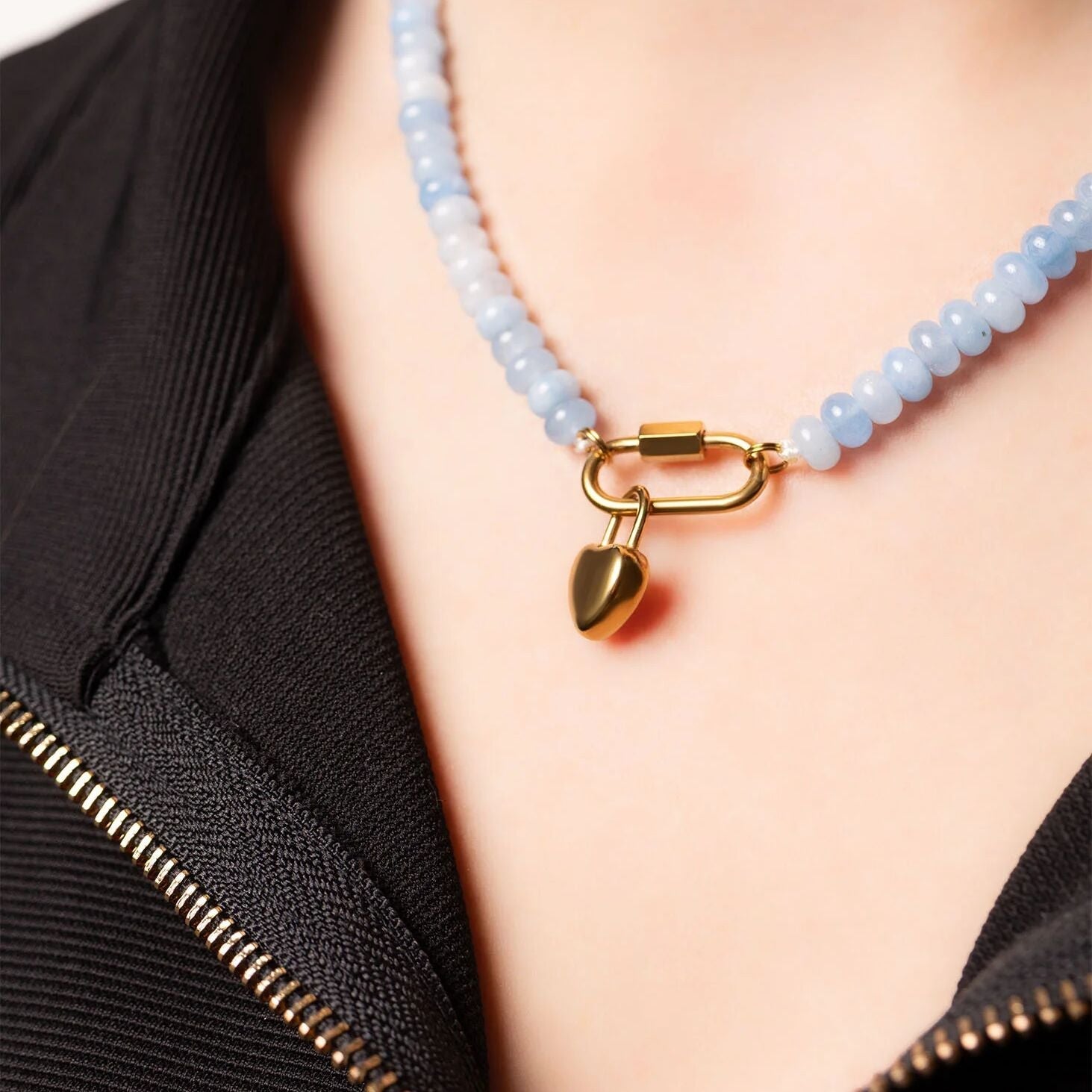 Blue Chunky Bead Necklace - Stainless Steel Chain With Carabiner Clasp - Necklaces | Sunflower Soul Boutique