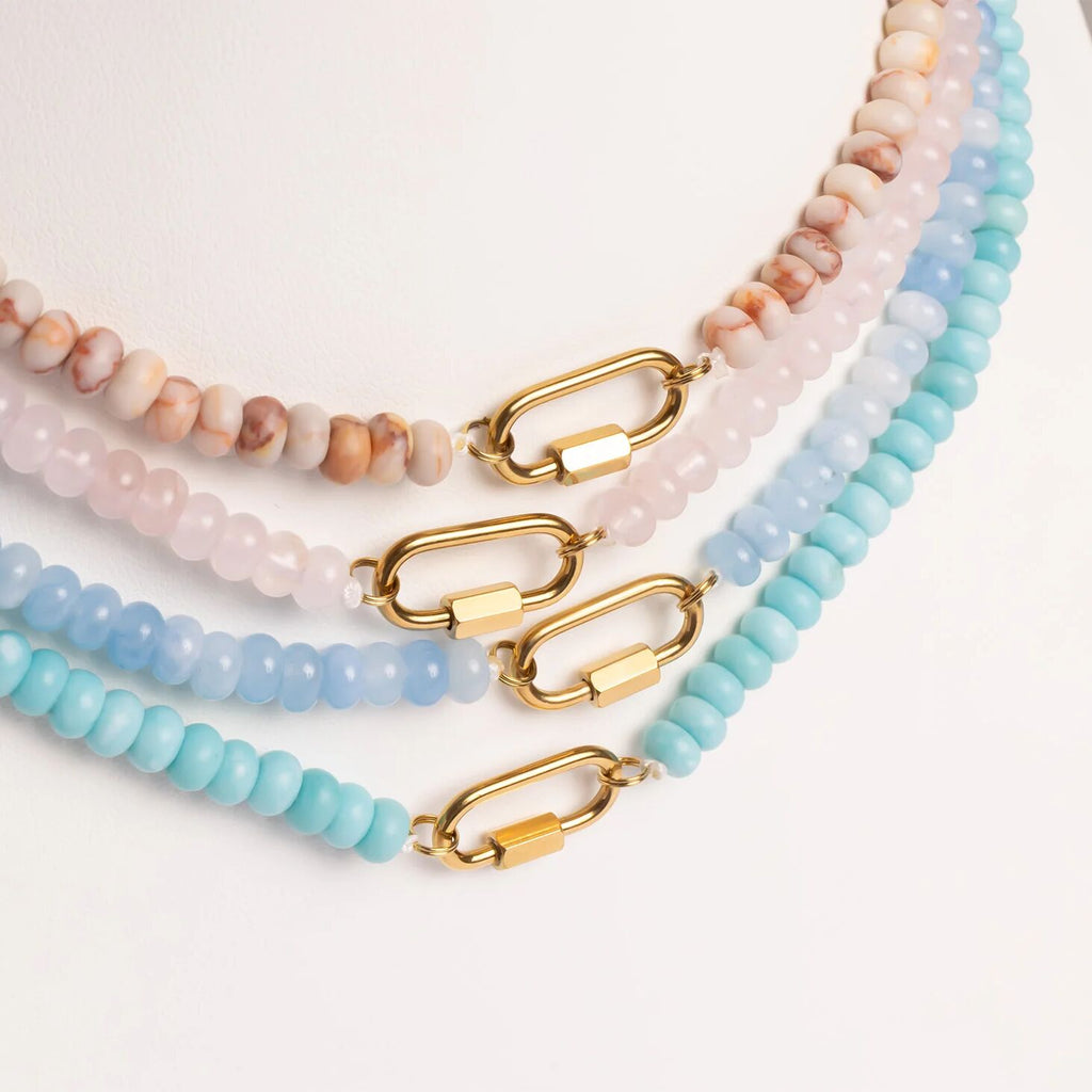 Blue Chunky Bead Necklace - Stainless Steel Chain With Carabiner Clasp - Necklaces | Sunflower Soul Boutique