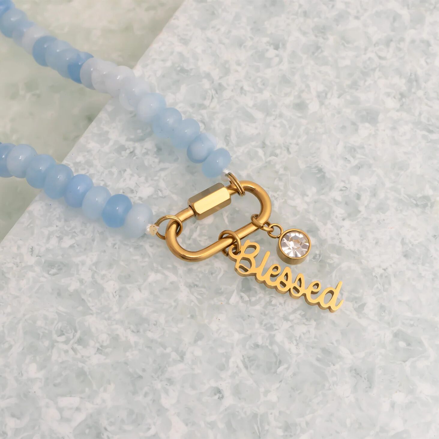 Blue Chunky Bead Necklace - Stainless Steel Chain With Carabiner Clasp - Necklaces | Sunflower Soul Boutique